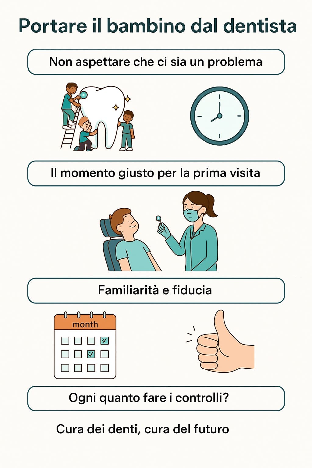 Riassunto visivo: perché portare il bambino dal dentista è importante fin da piccoli Infografica visita dentistica bambini: prevenzione, fiducia, controlli regolari